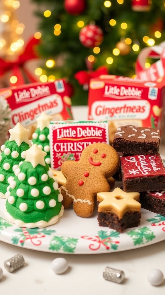 A variety of Little Debbie Christmas desserts including Christmas Tree Cakes and Gingerbread Cookies on a festive platter.